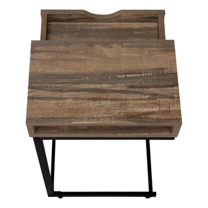 English Elm Accent C-Shaped End Table with Slide-Under Base, Reclaimed Brown Laminate Top & Drawer Storage, Black Metal Frame for Sofa Side Convenience and Modern Living Room Use B2710P219357