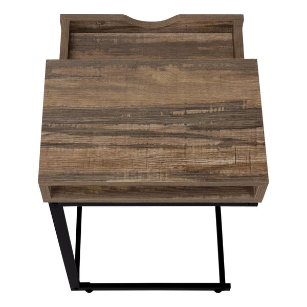 English Elm Accent C-Shaped End Table with Slide-Under Base, Reclaimed Brown Laminate Top & Drawer Storage, Black Metal Frame for Sofa Side Convenience and Modern Living Room Use B2710P219357