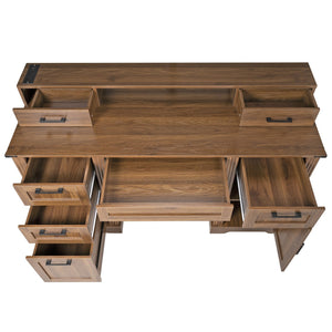 English Elm 59" Fluted Oak L-shaped Corner Desk with Charging Station Monitor Stand and File Storage Dark Walnut W2917S00007