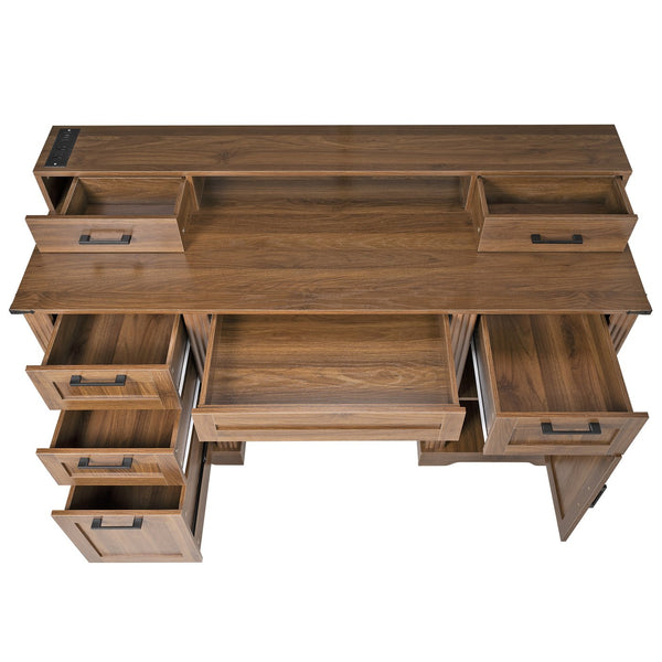 English Elm 59" Fluted Oak L-shaped Corner Desk with Charging Station Monitor Stand and File Storage Dark Walnut W2917S00007