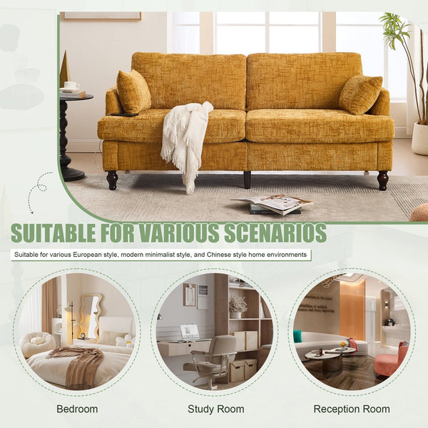 English Elm Modern chenille 2-seater sofa with LED, USB charging, storage pocket, solid wood legs, durable comfort Mustard yellow W395P318542