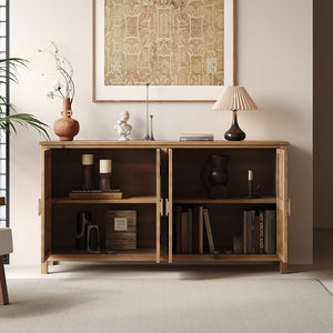 English Elm 60"Wood Vintage Accent Cabinet 4 Doors Antique Brown & White MDF Buffet Console for Living Room Storage W2295P306897