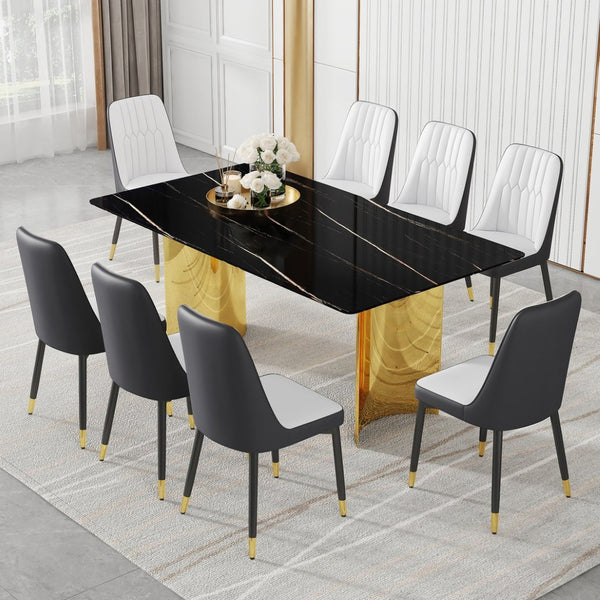 English Elm Table With Glass Top And 8-Spliced Pu Dining Chairs Set - Modern Elegance For Any Dining Space W1151S04339-GIGA