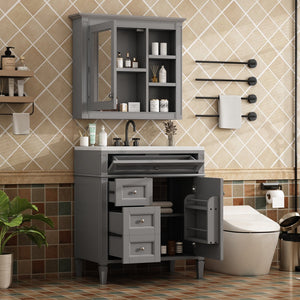English Elm 30'' Modern Bathroom Vanity with Integrated Mirror Cabinet, Ceramic Sink, 3 Drawers & Ample Storage Grey SW000126AAE-1