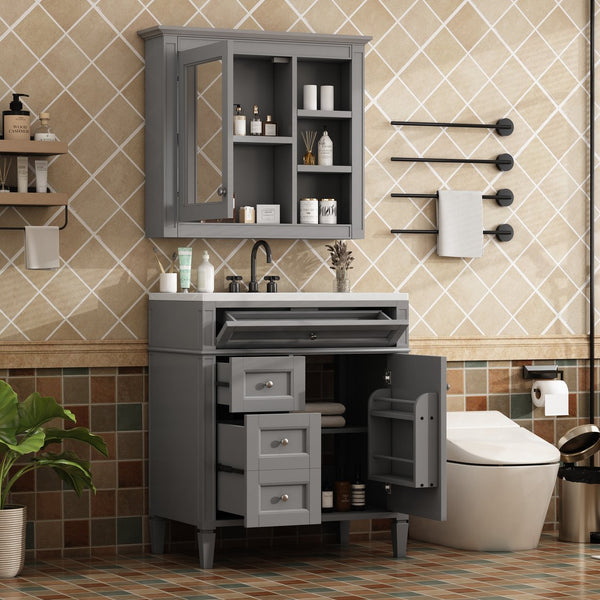 English Elm 30'' Modern Bathroom Vanity with Integrated Mirror Cabinet, Ceramic Sink, 3 Drawers & Ample Storage Grey SW000126AAE-1