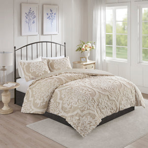 English Elm 3 Piece Tufted Cotton Chenille Damask Comforter Set Full/Queen - Shabby Chic Oeko-Tex Soft Durable taupe 24.02 L x 19.29 W x 10.63 H B03597173