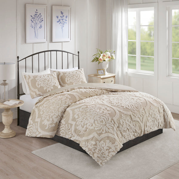 English Elm 3 Piece Tufted Cotton Chenille Damask Comforter Set Full/Queen - Shabby Chic Oeko-Tex Soft Durable taupe 24.02 L x 19.29 W x 10.63 H B03597173