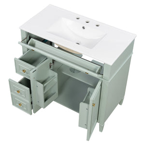 English Elm 36 Inch Freestanding Bathroom Vanity Sage Pine Cabinet Gold Hardware Ceramic Sink Green N725P366468G