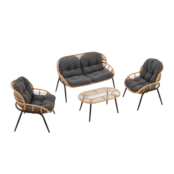 English Elm Pine 4-Piece Conversation Set with UV-Resistant Waterproof Fabric, Removable Cushions & Glass Top Grey B365P397655