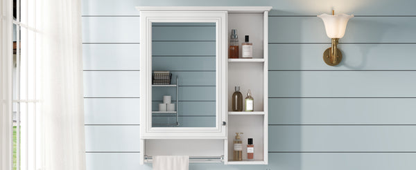 English Elm 3-in-1 Matte Medicine Cabinet Wall Mounted Mirror with Towel Bar and Storage Shelf White N710P401340K