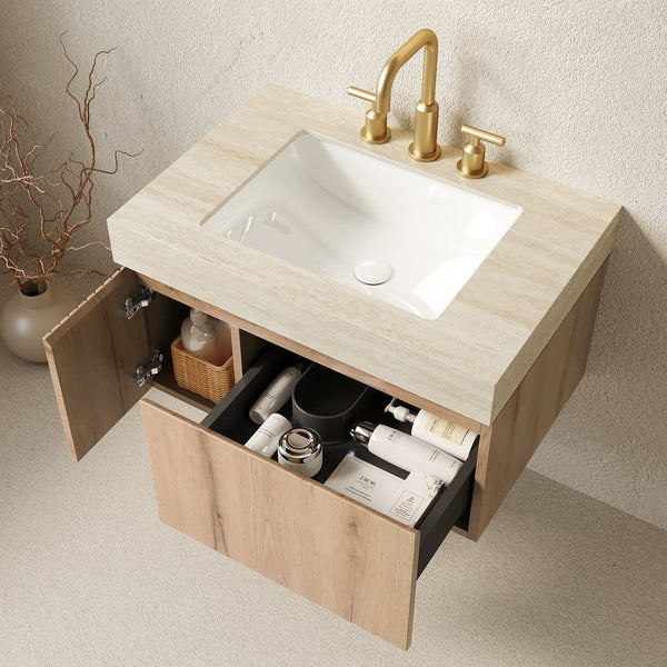 English Elm Muri Floating Bathroom Vanity Plywood Cabinet Travertine Stone Top White Oak Grain W2615S00612