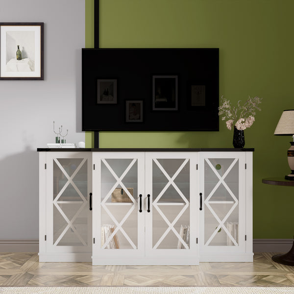 English Elm Farmhouse Rustic TV Stand with Barn Doors and Cable Management — Spacious Wooden Media Console White 68.9 L x 17.72 W x 6.77 H T3609P332399