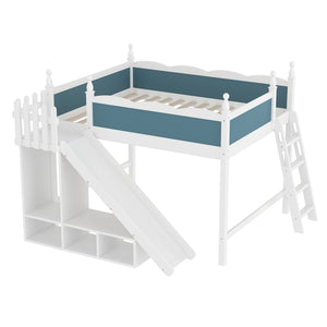English Elm Queen Solid Pine Loft Bed with Wardrobe Shelves Detachable Slide and Dual Sleeping Zones Blue,Off White W5305S00029