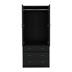 English Elm Armoire Melfa 71" H with 2 doors, 3 drawers and hanging rod for organized, elegant bedroom storage Black 35 L x 24 W x 6 H B097S00121