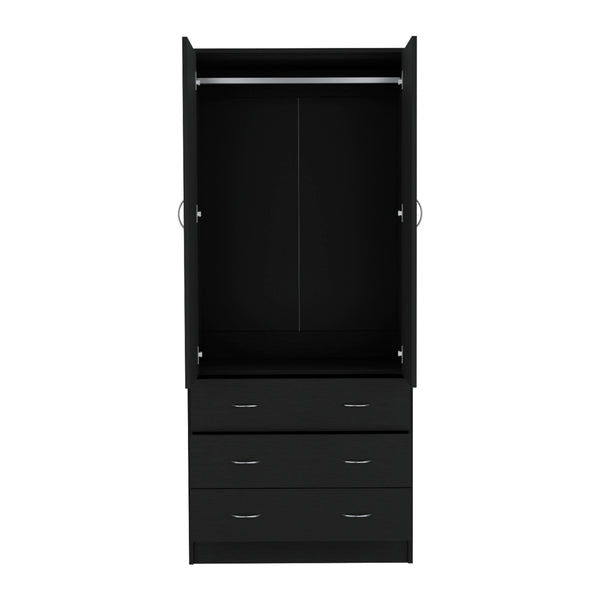 English Elm Armoire Melfa 71" H with 2 doors, 3 drawers and hanging rod for organized, elegant bedroom storage Black 35 L x 24 W x 6 H B097S00121