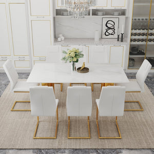English Elm Table And Chair Set - Elegant Glass Top With Imitation Marble, Gold Legs, 8 Comfortable Pu Chairs W1151S04346-GIGA