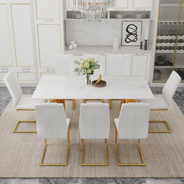 English Elm Table And Chair Set - Elegant Glass Top With Imitation Marble, Gold Legs, 8 Comfortable Pu Chairs W1151S04346-GIGA