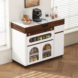 English Elm Trexm Rolling Kitchen Island Extendable Marble Top Cabinet Drawers Power Outlet Creamy White,Walnut XW000029AAD