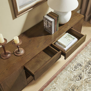 English Elm 59" Mid-century Walnut Entertainment Center Low Profile Media Console with Carved Cabinets W1801P457802