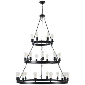English Elm 45" Iron Three Tier Ring Chandelier 27 Socket Matte Black Industrial Loft Pendant W2312P415968