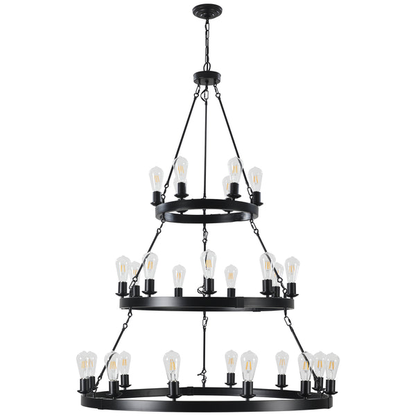 English Elm 45" Iron Three Tier Ring Chandelier 27 Socket Matte Black Industrial Loft Pendant W2312P415968