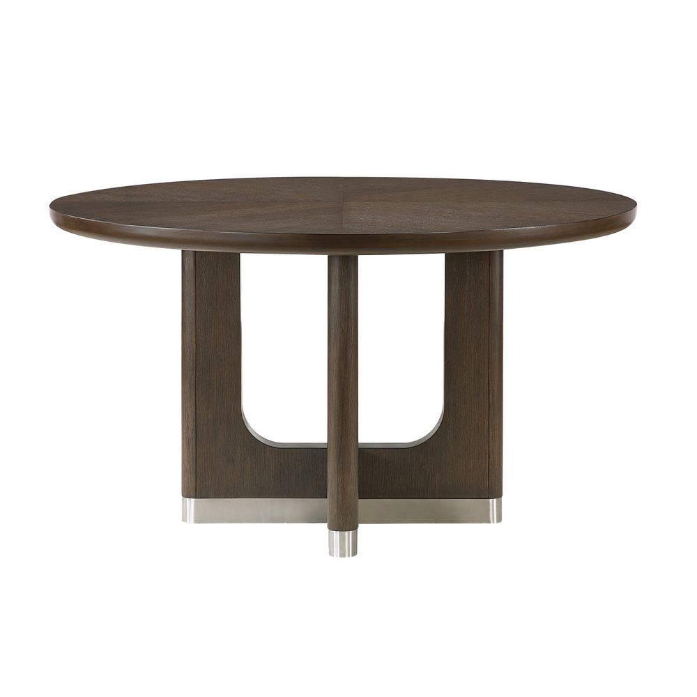 English Elm Modern Round Dining Table with 54" Rustic Wire-Brushed Brown Oak Veneer Top & Metallic Accent Base, Seats 4 B011S01897