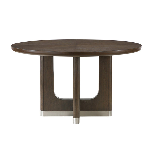 English Elm Modern Round Dining Table with 54" Rustic Wire-Brushed Brown Oak Veneer Top & Metallic Accent Base, Seats 4 B011S01897