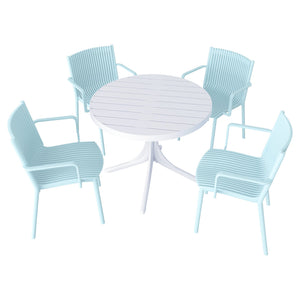 English Elm Summer 5 Piece Stackable Polypropylene Outdoor Dining Set with Round Table for Patios Light Blue,White W3450S00022