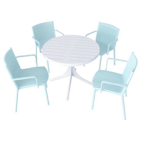 English Elm Summer 5 Piece Stackable Polypropylene Outdoor Dining Set with Round Table for Patios Light Blue,White W3450S00022