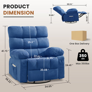 English Elm Swivel Rocker Recliner Ergonomic Glider Chair with Storage Pockets for Small Spaces Blue W1521P479284