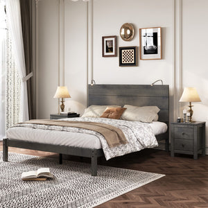 English Elm 3-Pieces Bedroom Sets, Queen Size Farmhouse Platform Bed With Two Bedside Lights, 2-Drawer Nightstand, Antique Gray