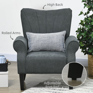 English Elm HOMCOM Mid-Century Fabric Accent Chair with Rolled Arms, Padded Linen Feel Seat, Wood Legs, Dark Gray W2225P229575