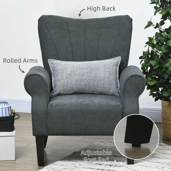 English Elm HOMCOM Mid-Century Fabric Accent Chair with Rolled Arms, Padded Linen Feel Seat, Wood Legs, Dark Gray W2225P229575