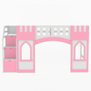 English Elm Twin Loft Bed with Storage Staircase and Window — Pinewood Modern Space-Saving Kids' Play & Sleep Loft Pink GX000727AAH