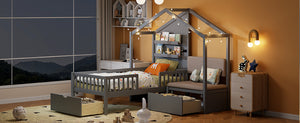English Elm Twin House Bed Frame with Sofa Seating Led Lighting Drawers and Wireless Charging LP000521AAE-1