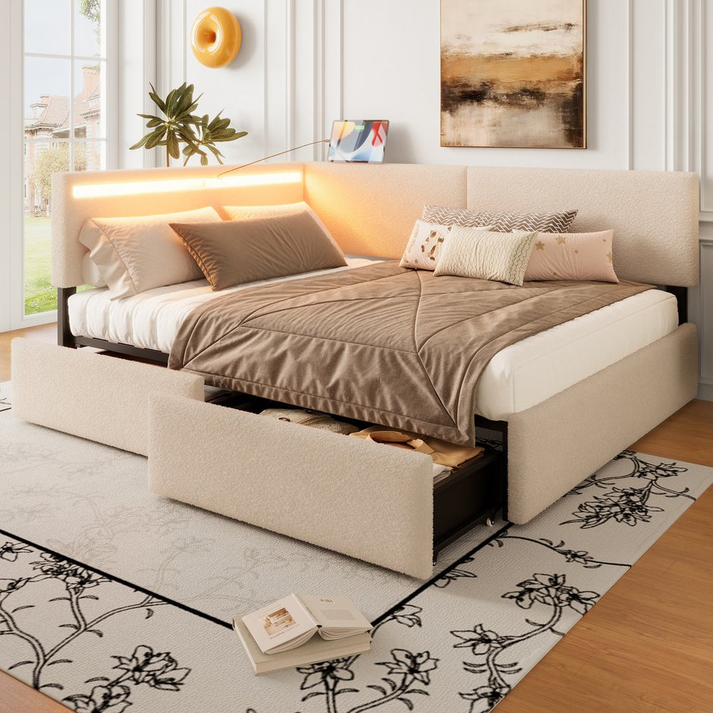 English Elm Twin Boucle Upholstered Bed with Cloud Headboard Storage Drawers and Led Lighting W1670P410466
