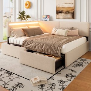 English Elm Twin Boucle Upholstered Bed with Cloud Headboard Storage Drawers and Led Lighting W1670P410466