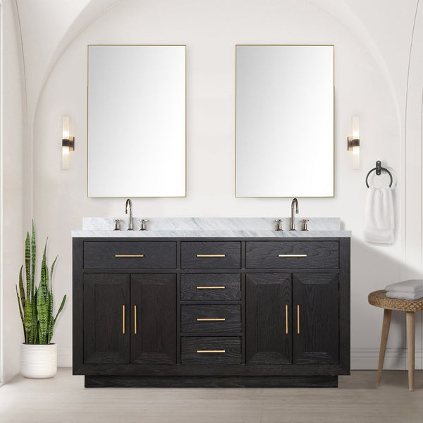 English Elm Black Oak Double Bath Vanity With Carrara Marble Top & Chrome Faucets - Elegant, Functional Design B2731P260838