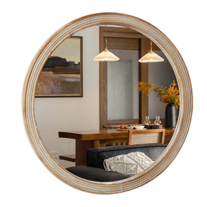 English Elm Round Rattan Textured Wall Mirror Natural Woven Frame Bohemian Accent for Any Room W2295P414108