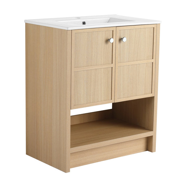 English Elm 30" Freestanding Bathroom Vanity with Ceramic Sink, Oak Plywood Finish, Soft-Closing Doors, Open Shelf W1972S00024