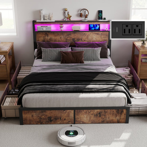 English Elm Queen Metal Platform Bed Rgb Led Headboard Charging Ports Under Storage 800lb T3963P491416
