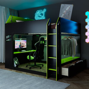 English Elm Full Size Loft Bed with Rgb Lighting Desk Drawers Hanging Rod Teen Bedroom Green LT000288AAF-1