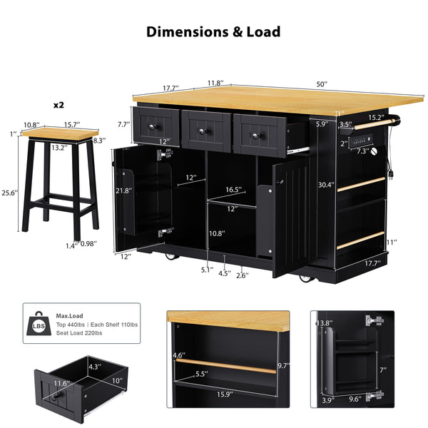 English Elm K&K 53" Large Kitchen Island with 2 Stools, Built-In Power Station, Wheels, Drop Leaf & Ample Storage Black N707S000007B