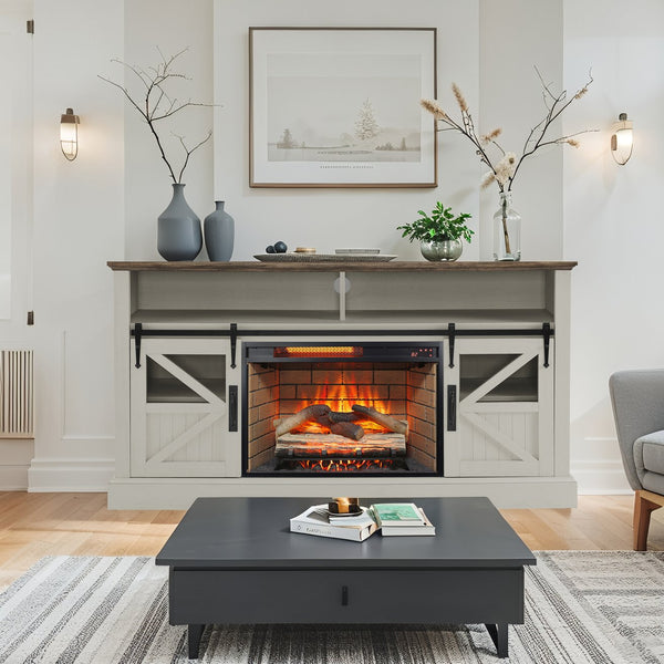 English Elm 60 Inch Farmhouse Electric Fireplace Tv Stand with Led Flame and Cabinet Storage W1769S00004