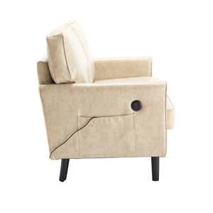 English Elm Loveseat Mid Century Modern Two-Seater Sofa with USB Type-C Charging, Removable Zipper Covers, Durable Wood Legs Camel W395P238822