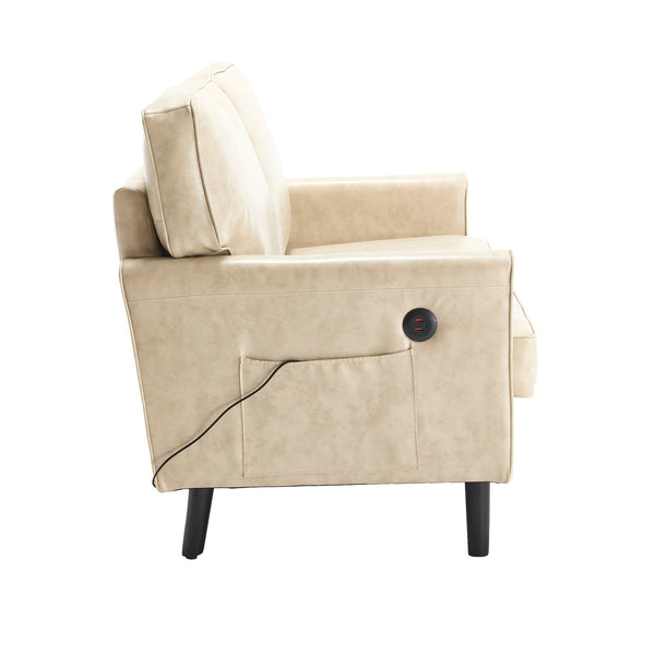 English Elm Loveseat Mid Century Modern Two-Seater Sofa with USB Type-C Charging, Removable Zipper Covers, Durable Wood Legs Camel W395P238822