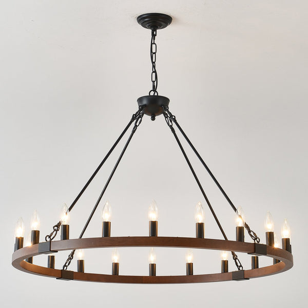 English Elm 39.3 Inch Wood Wagon Wheel Chandelier with Seeded Glass Shades 20-light Farmhouse W5008P464781