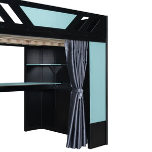 English Elm Full Size Loft Bed with Desk Blackout Curtains Rgb Lighting and Integrated Storage Black+Blue LT000377AAC