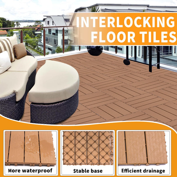 English Elm Plastic Interlocking Deck Tiles Slatted Wood Look Outdoor Patio Poolside Flooring 44 Pack W2882P204560