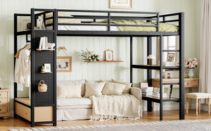 English Elm Full Size Pine Loft Bed House Frame with Slide Bookshelves and Moon Star Rails W1580S00590